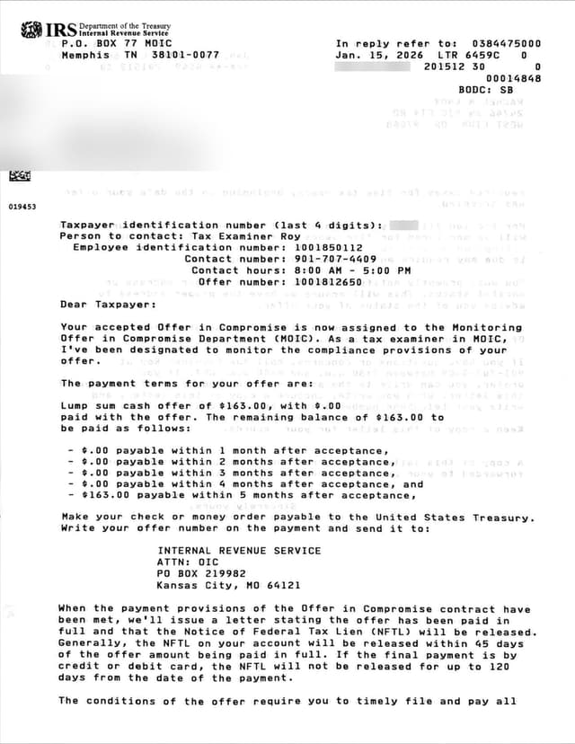 IRS OIC acceptance letter — $163 settlement