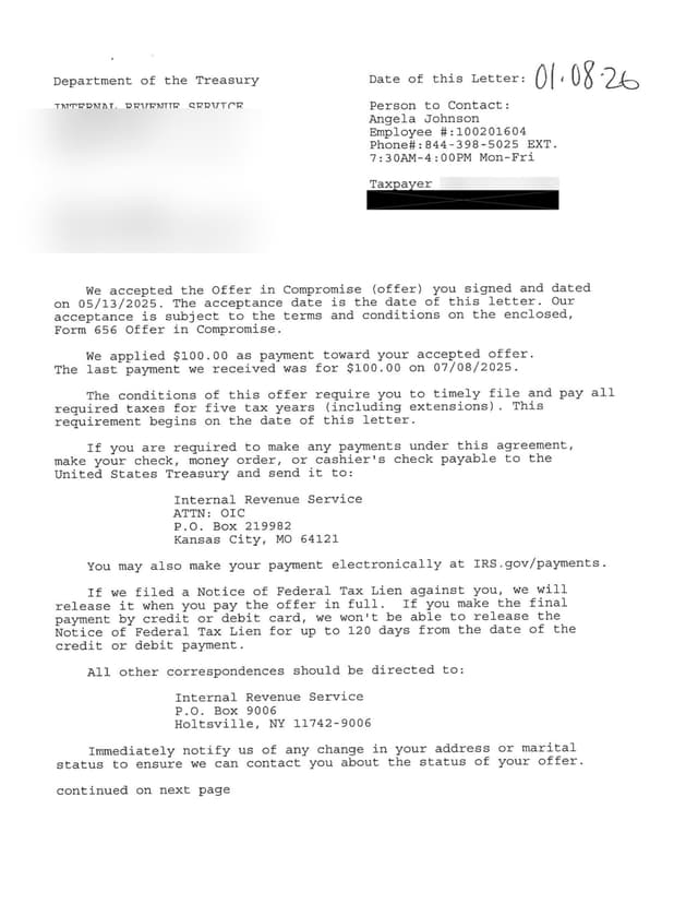 IRS OIC acceptance letter — $500 settlement