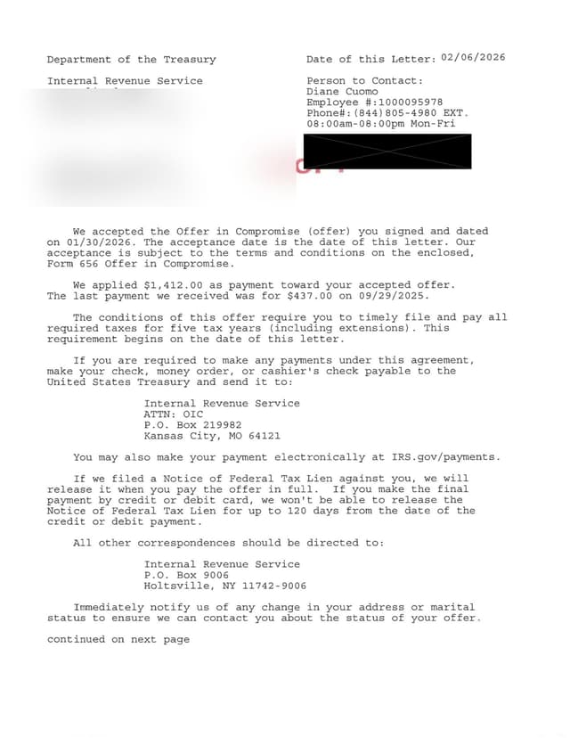 IRS OIC acceptance letter — $750 settlement