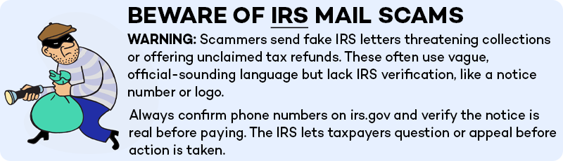 A cartoon burglar carries a bag of fake IRS notice letters to plant in mail boxes. Text reads "Beware of IRS Mail Scams."