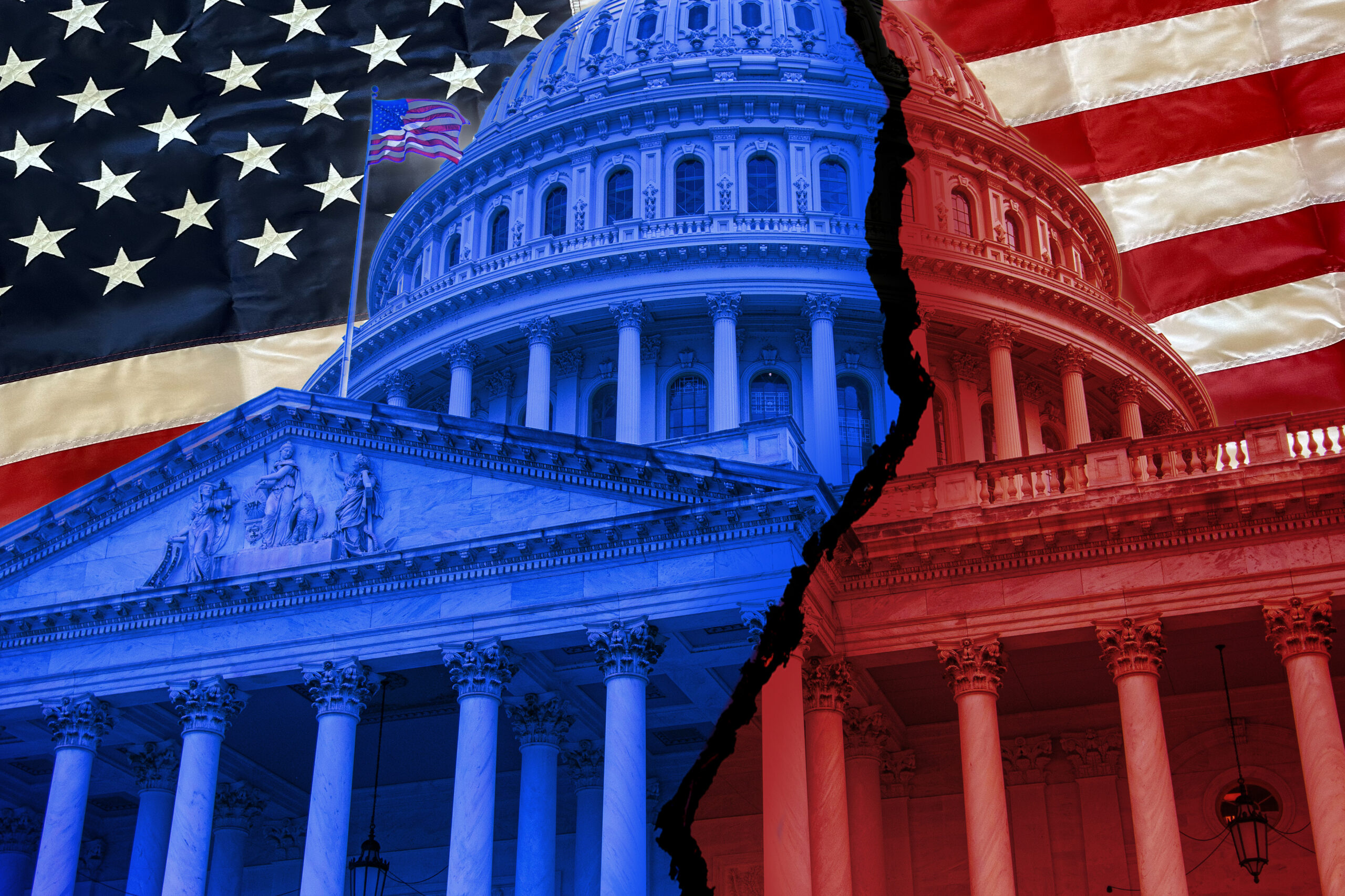 Blue and red split on a government building with an American flag backdrop.