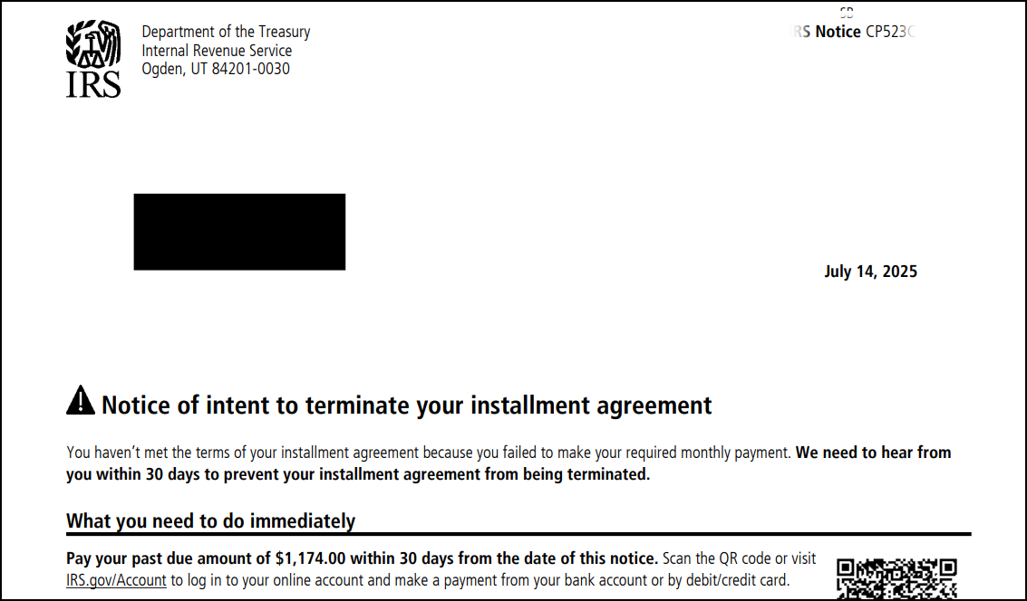IRS letter, Notice of intent to terminate your installment agreement